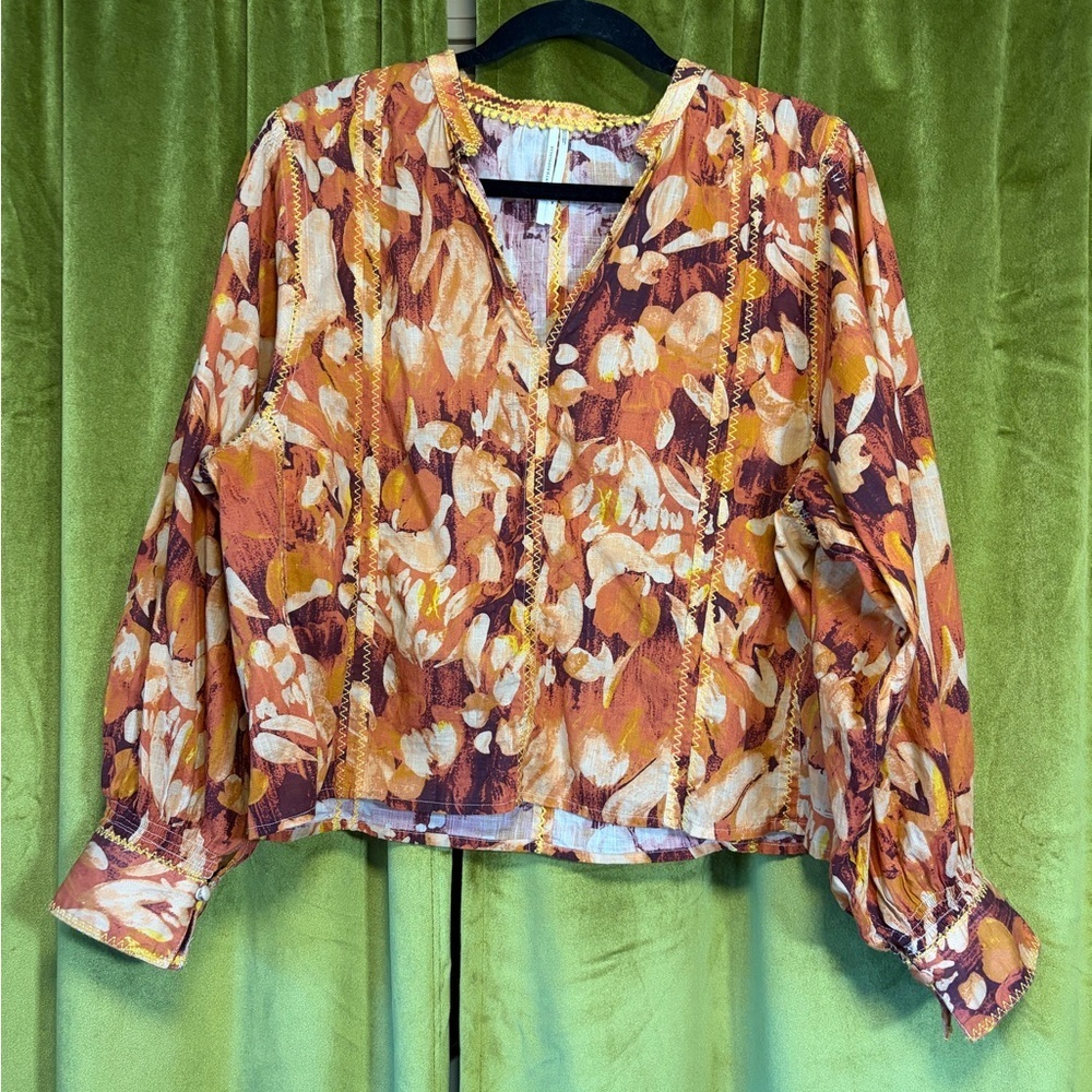 By Anthropologie Orange & Pink Floral Leaf Puff Sleeve Tunic Blouse. Size M $98